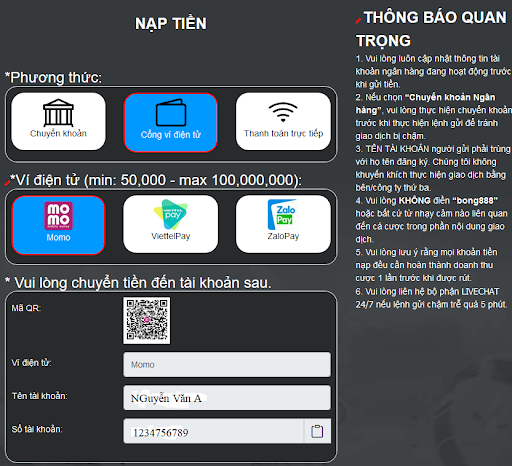 Chọn hình thức ví điện tử và quét mã QR nạp tiền tích tắc