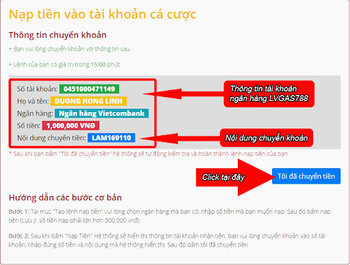 Người chơi thực hiện chuyển tiền theo thông tin nhà cái gửi